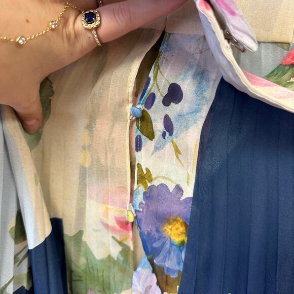 Teri Jon Rickie Freeman Patchwork Print Pleated Floral Chiffon Maxi Gown - Picture 11 of 12